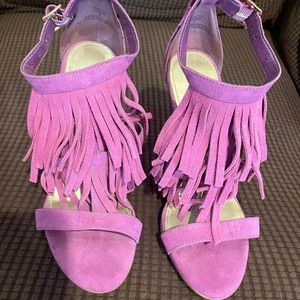 Purple suede fringe heels